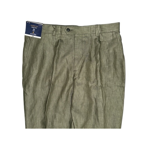 Stafford 34x32 Linen Pant Olive Texture Classic Fit Pleated Cuffs Trousers Pants - Picture 3 of 6